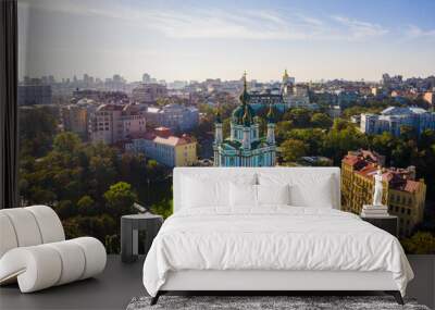 Aerial top view of Saint Andrew's church and Andreevska street from above, Podol district, city of Kyiv, Ukraine Wall mural